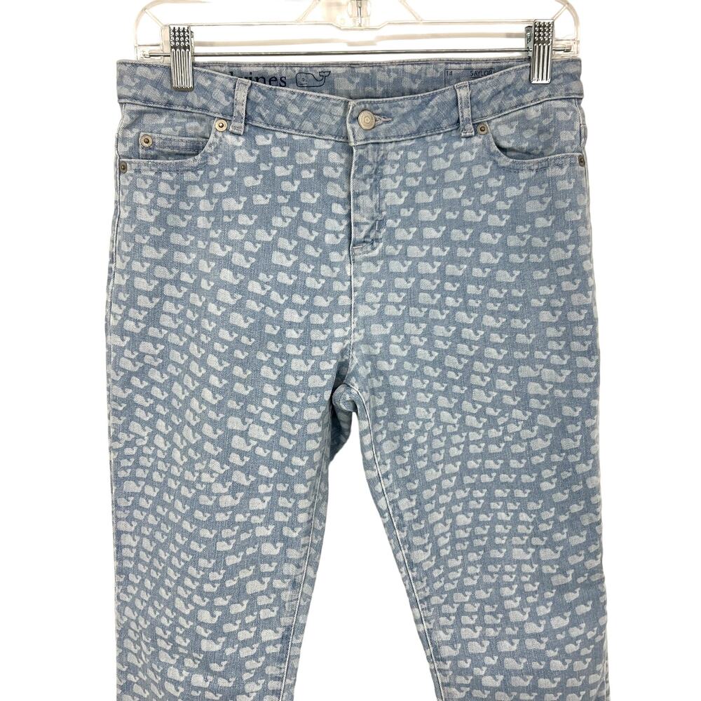 Vineyard Vines Saylor Light Wash All Over Whale Logo Skinny Jeans Big Girls 14 - Picture 2 of 9